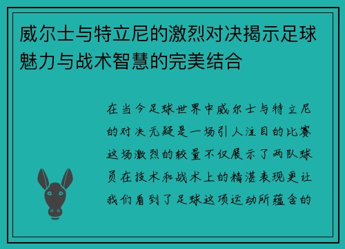威尔士与特立尼的激烈对决揭示足球魅力与战术智慧的完美结合